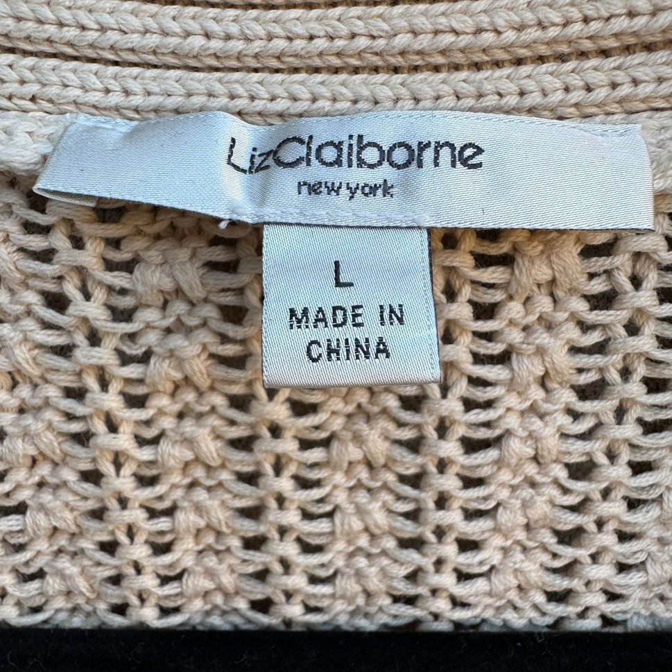 Liz Claiborne Beige Open Knit Long Belted Cardigan Womens L Cozy Layer Lagenlook