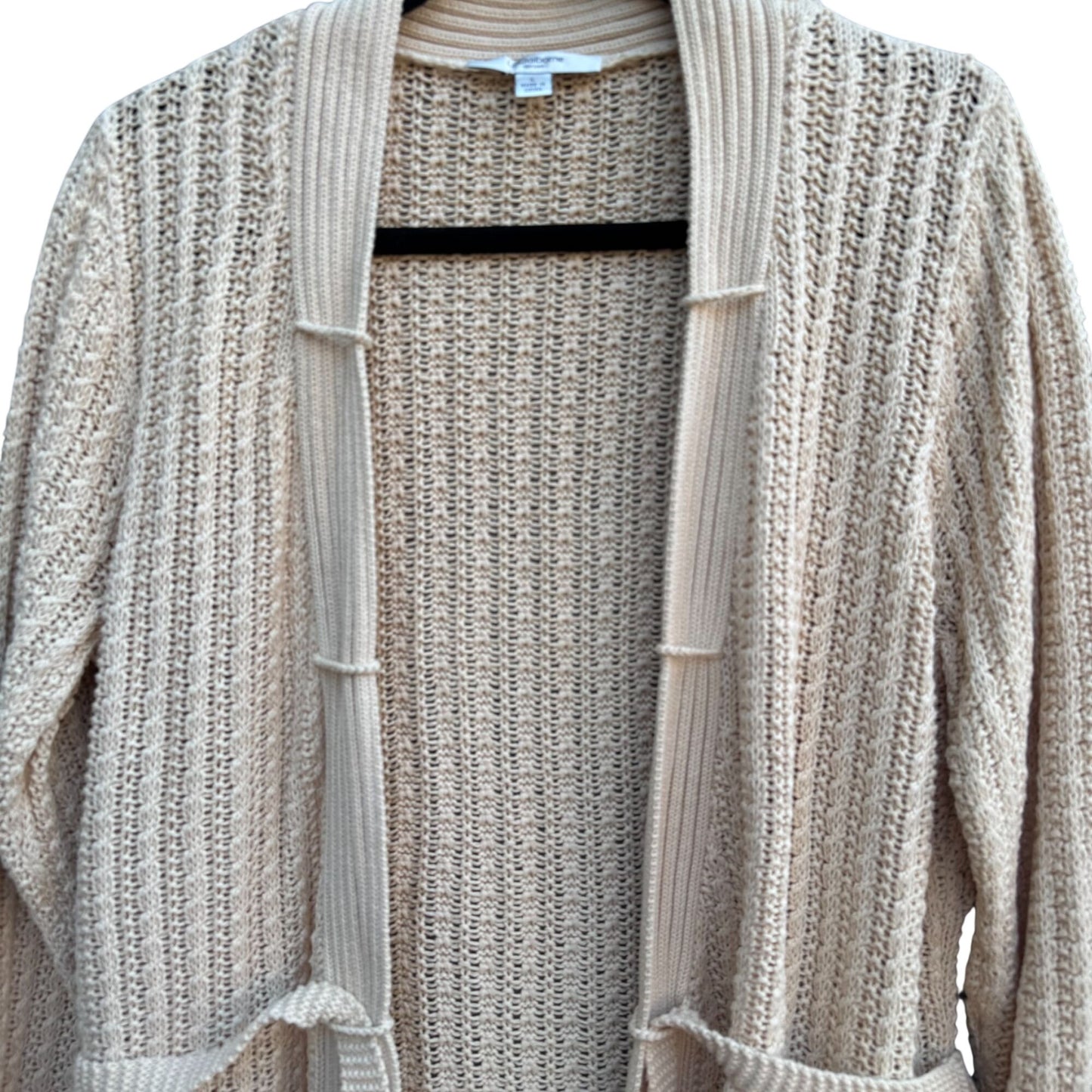 Liz Claiborne Beige Open Knit Long Belted Cardigan Womens L Cozy Layer Lagenlook