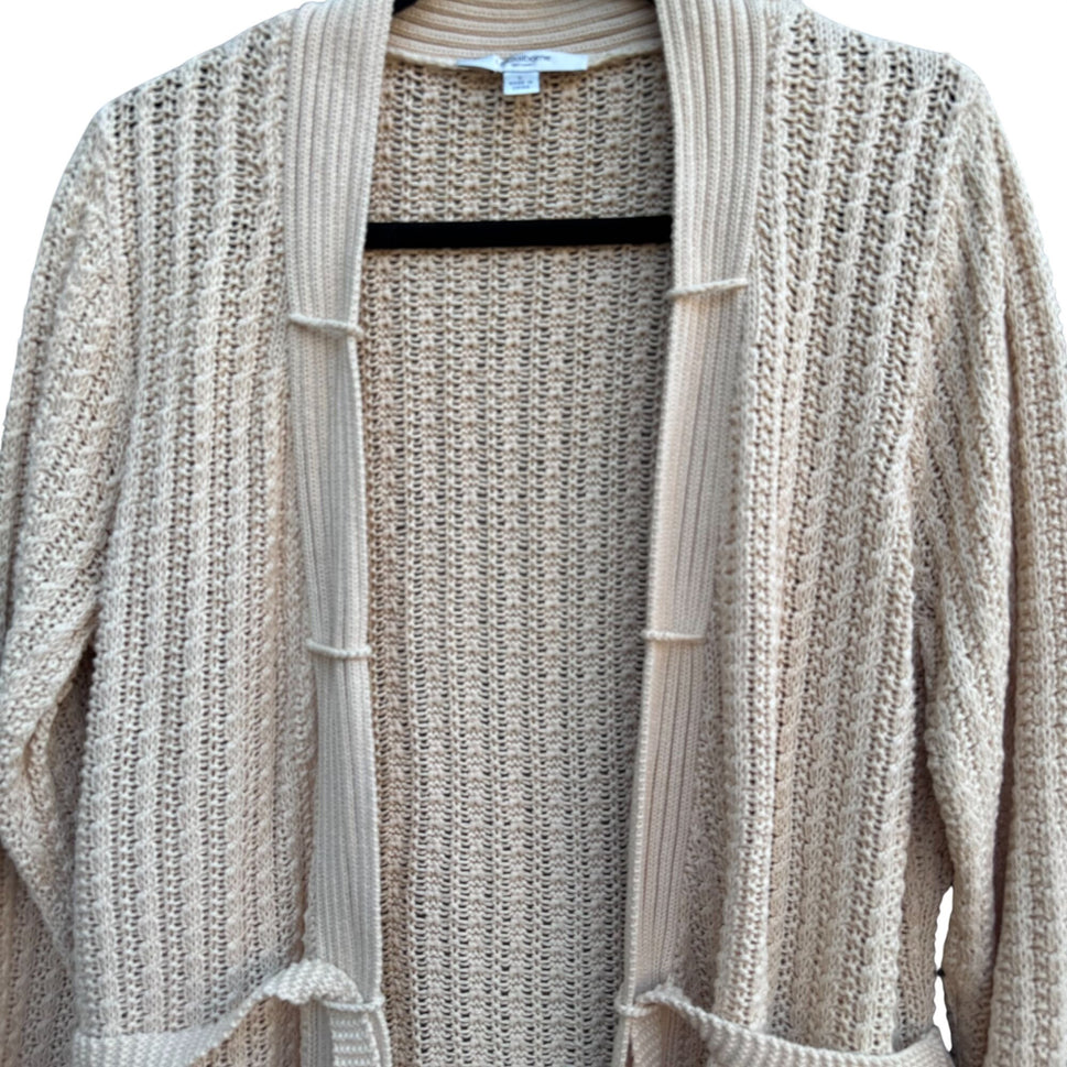 Liz Claiborne Beige Open Knit Long Belted Cardigan Womens L Cozy Layer Lagenlook