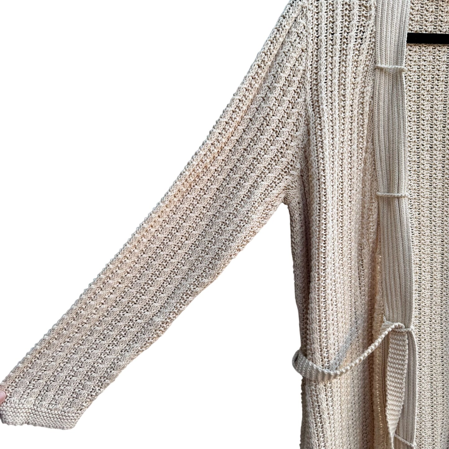 Liz Claiborne Beige Open Knit Long Belted Cardigan Womens L Cozy Layer Lagenlook