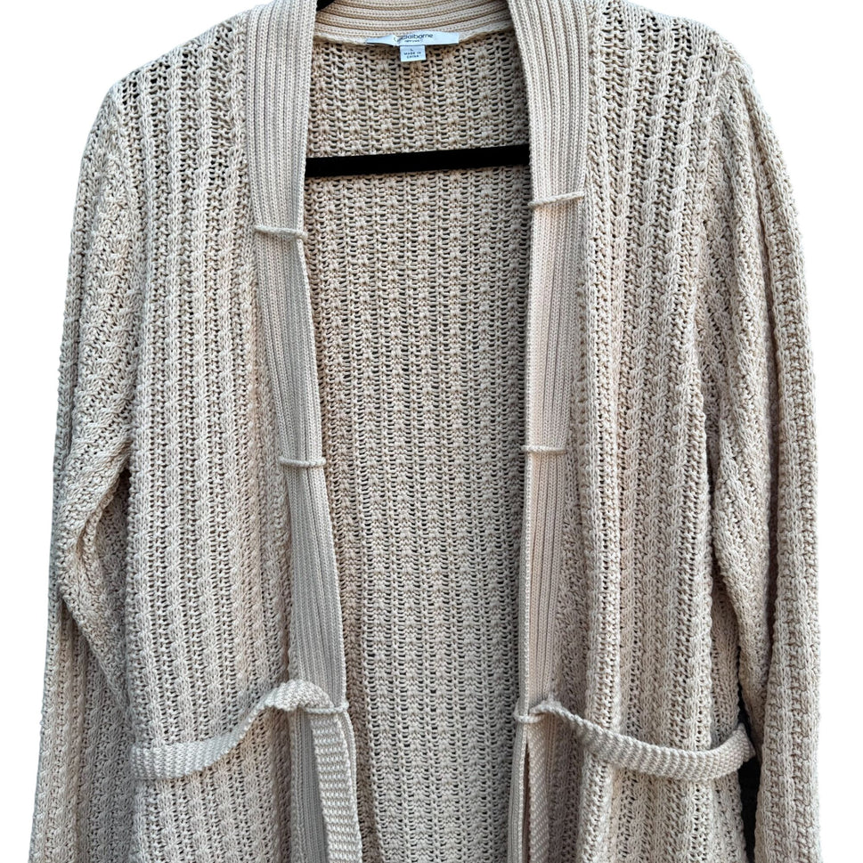 Liz Claiborne Beige Open Knit Long Belted Cardigan Womens L Cozy Layer Lagenlook