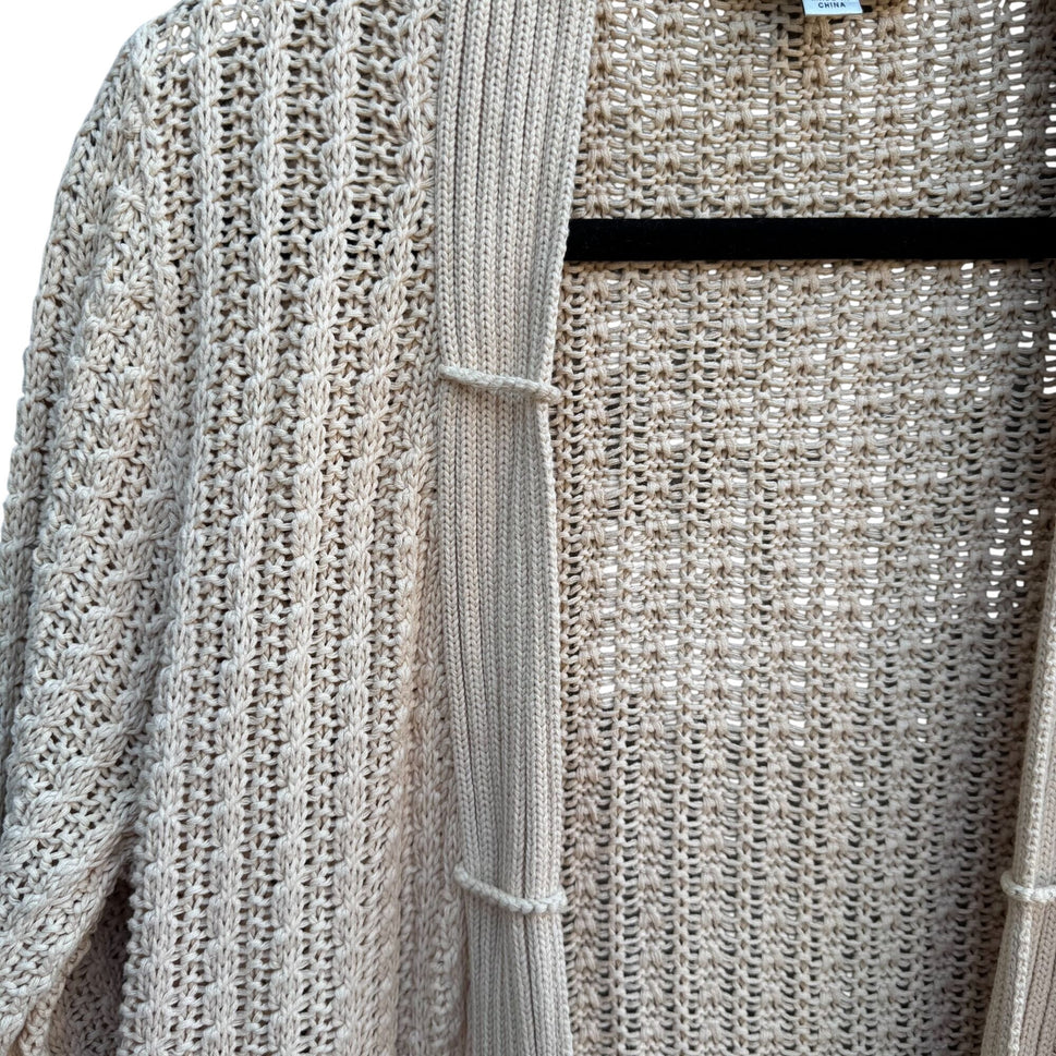 Liz Claiborne Beige Open Knit Long Belted Cardigan Womens L Cozy Layer Lagenlook