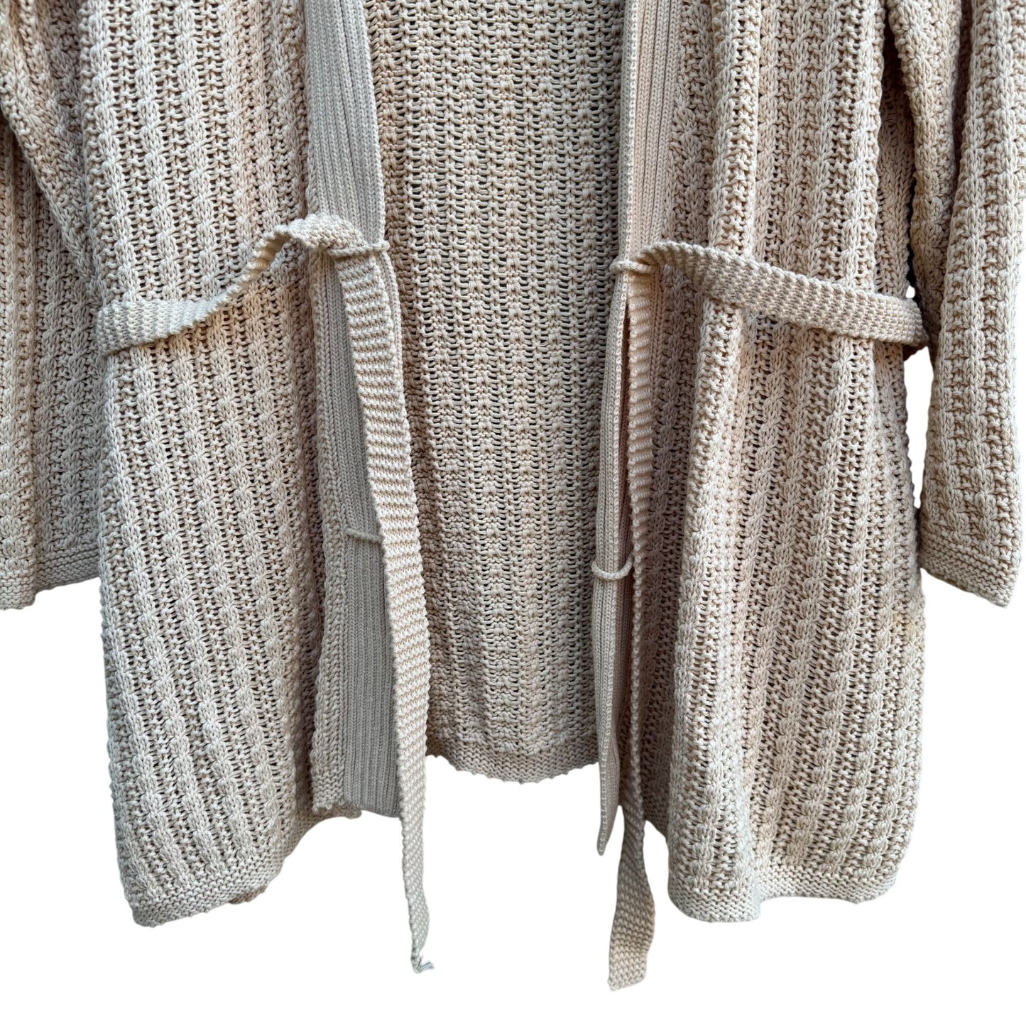 Liz Claiborne Beige Open Knit Long Belted Cardigan Womens L Cozy Layer Lagenlook