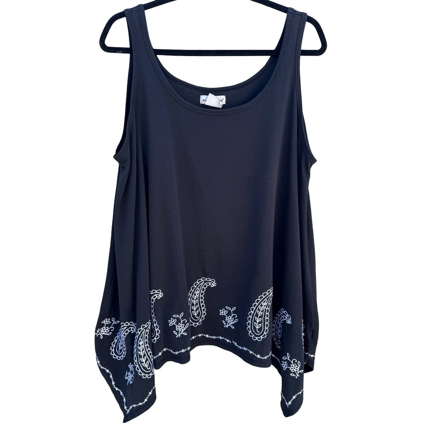 Jessica London Womens 26/28 Uneven Hem Black Paisley Embroidered Sharkbite Tank