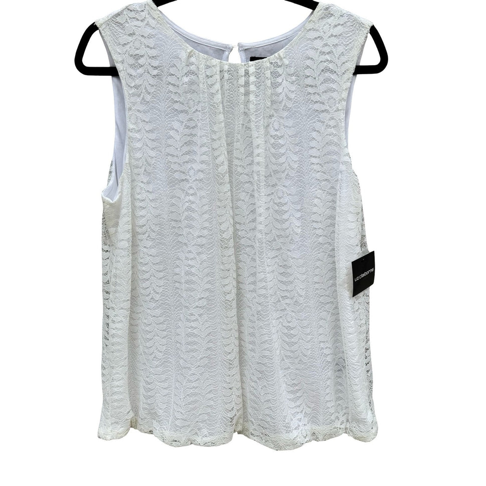 Liz Claiborne Career White Lace Bubble Blouse Sleeveless Keyhole Back Large NEW