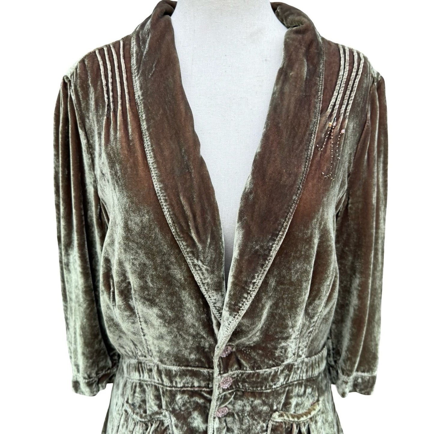 Burning Torch Anthropologie Silk Blend Velvet Beaded Peplum Jacket Olive Brown L