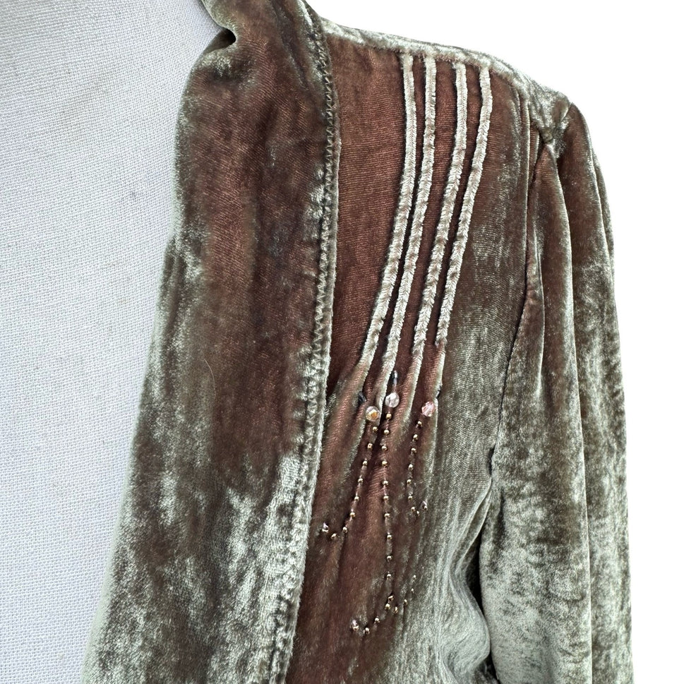 Burning Torch Anthropologie Silk Blend Velvet Beaded Peplum Jacket Olive Brown L