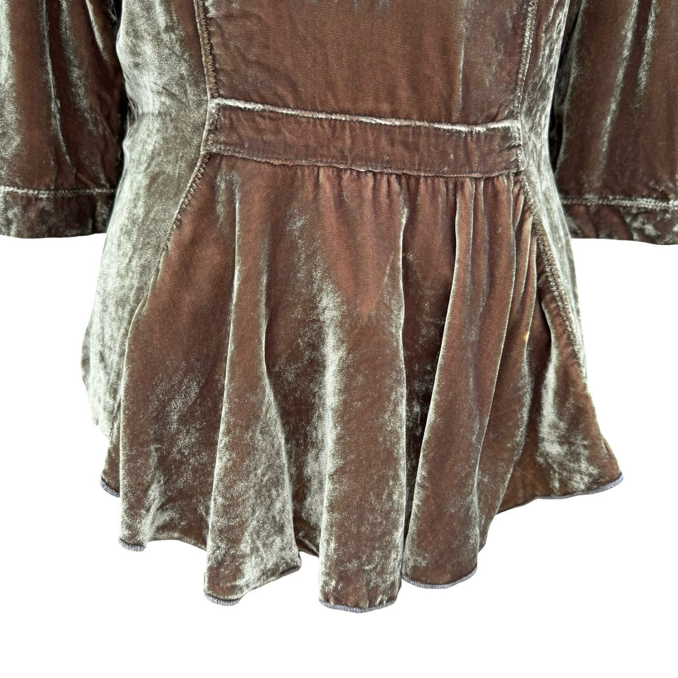 Burning Torch Anthropologie Silk Blend Velvet Beaded Peplum Jacket Olive Brown L