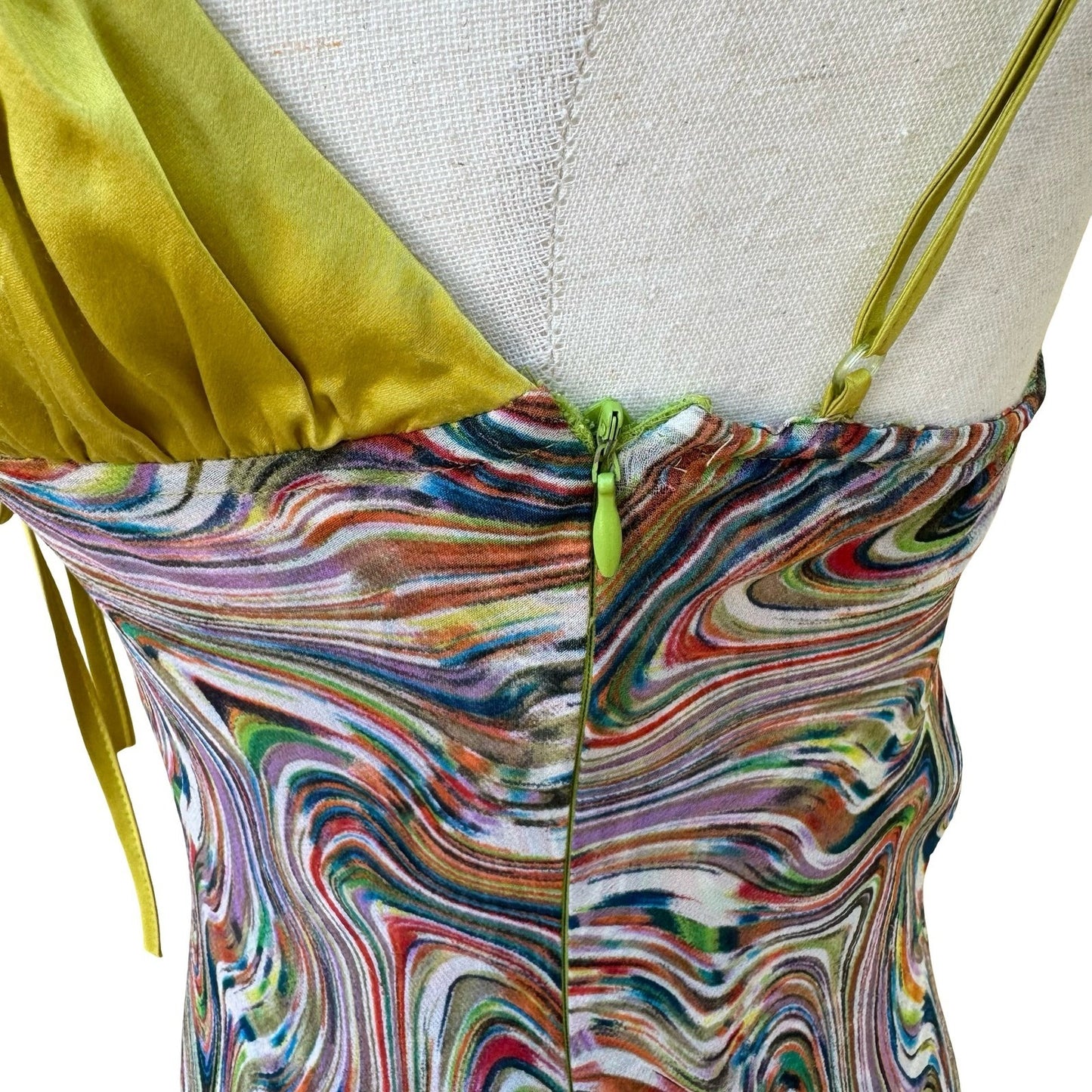 BGN First Y2K Silk Psychedelic Swirl Fairycore Asymmetrical Midi Dress Rainbow 6