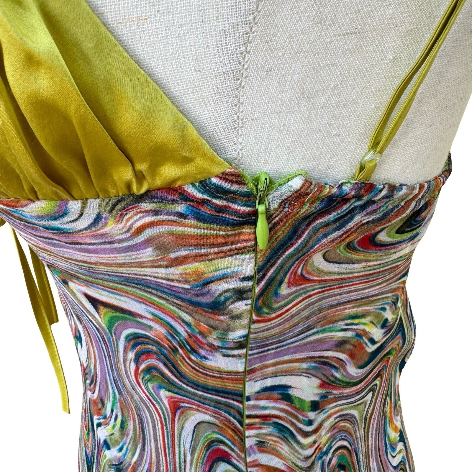 BGN First Y2K Silk Psychedelic Swirl Fairycore Asymmetrical Midi Dress Rainbow 6