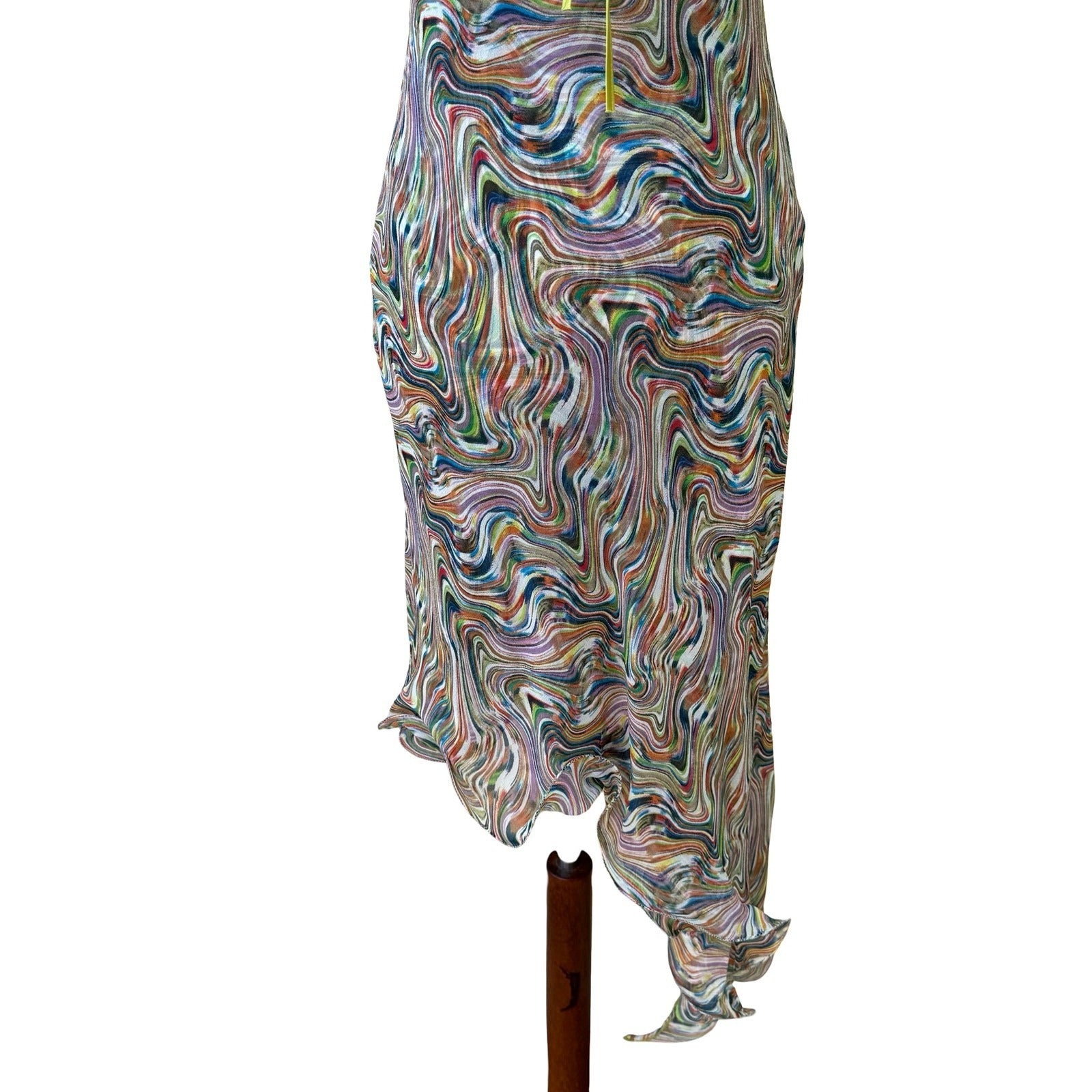 BGN First Y2K Silk Psychedelic Swirl Fairycore Asymmetrical Midi Dress Rainbow 6