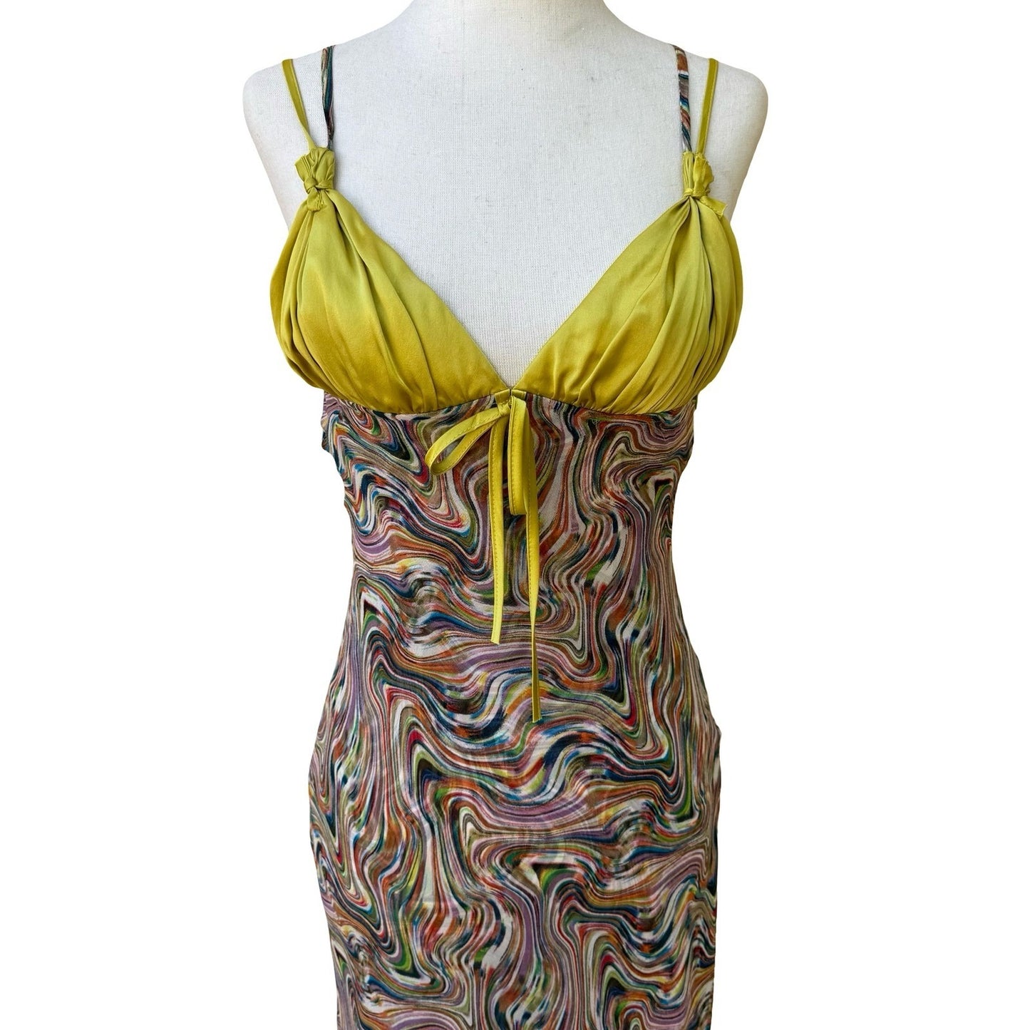 BGN First Y2K Silk Psychedelic Swirl Fairycore Asymmetrical Midi Dress Rainbow 6
