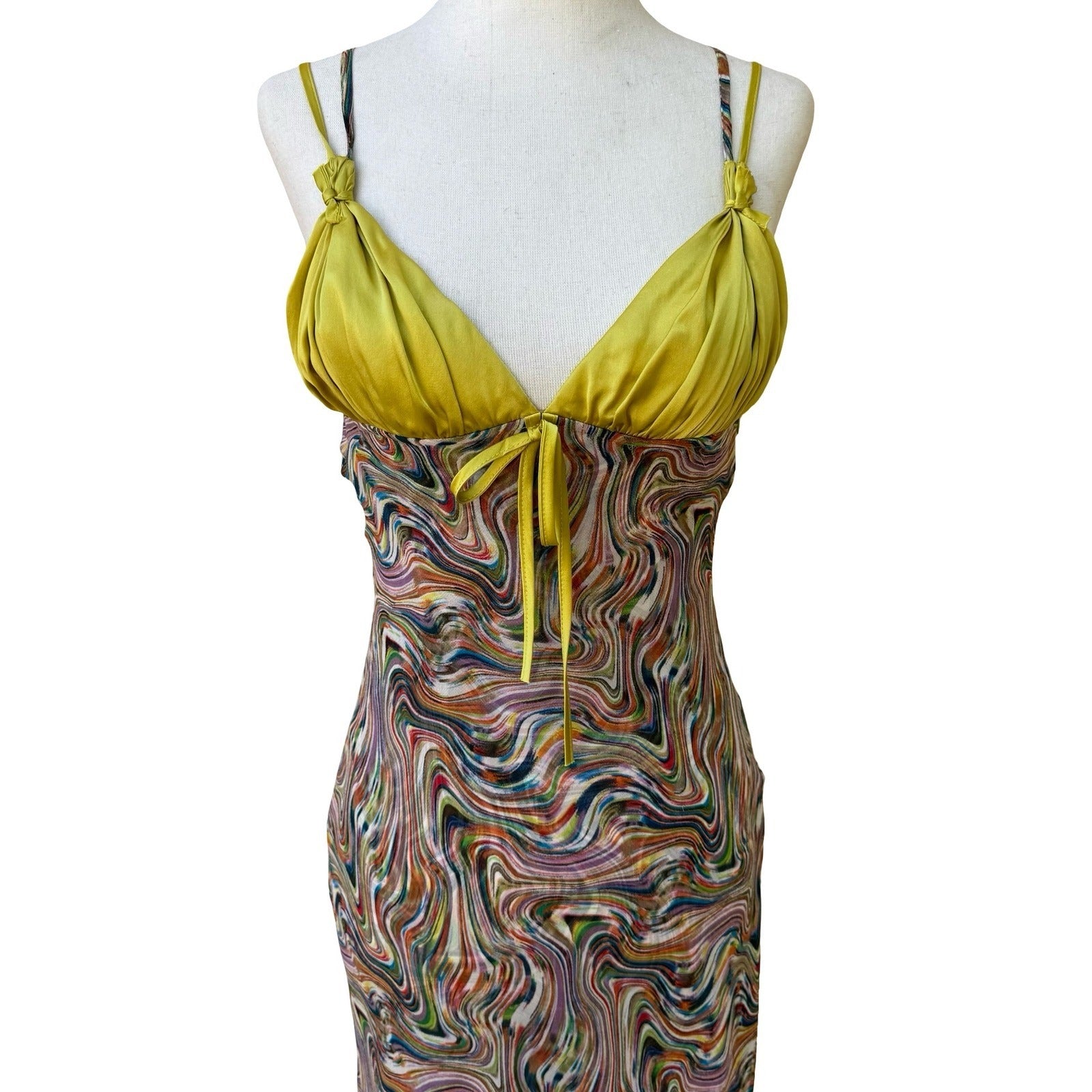 BGN First Y2K Silk Psychedelic Swirl Fairycore Asymmetrical Midi Dress Rainbow 6