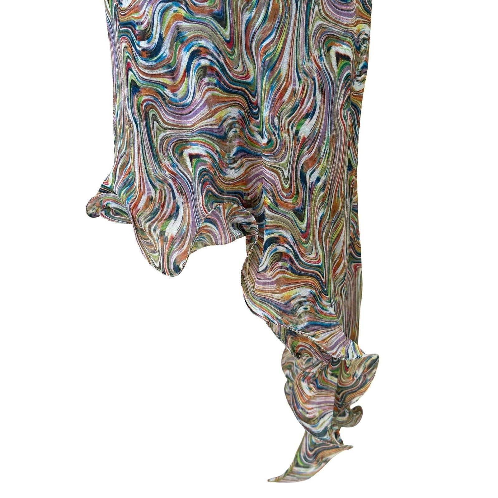 BGN First Y2K Silk Psychedelic Swirl Fairycore Asymmetrical Midi Dress Rainbow 6