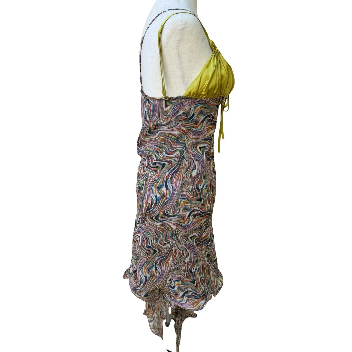 BGN First Y2K Silk Psychedelic Swirl Fairycore Asymmetrical Midi Dress Rainbow 6