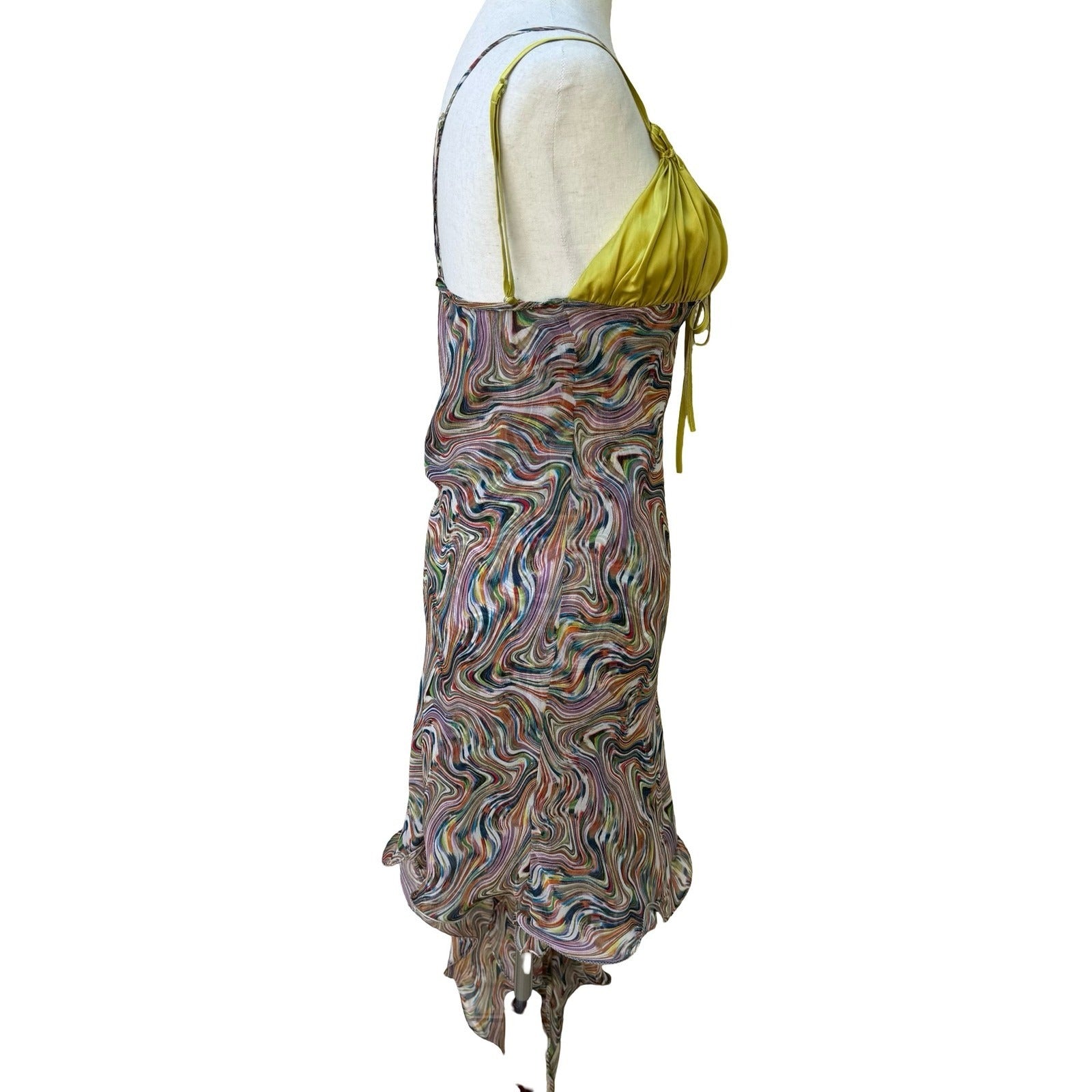 BGN First Y2K Silk Psychedelic Swirl Fairycore Asymmetrical Midi Dress Rainbow 6