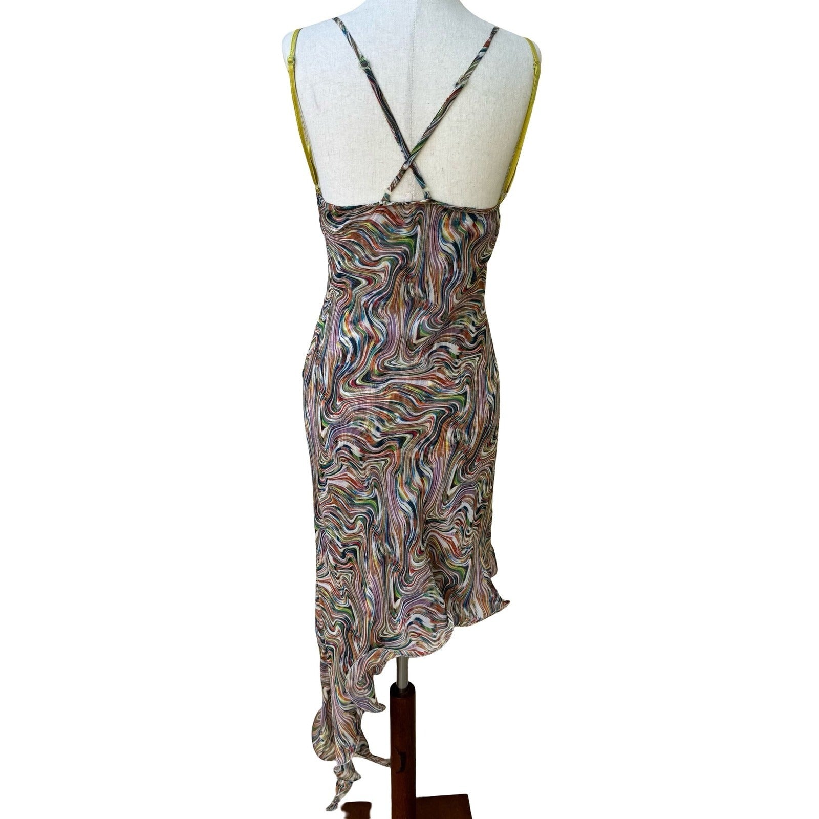 BGN First Y2K Silk Psychedelic Swirl Fairycore Asymmetrical Midi Dress Rainbow 6