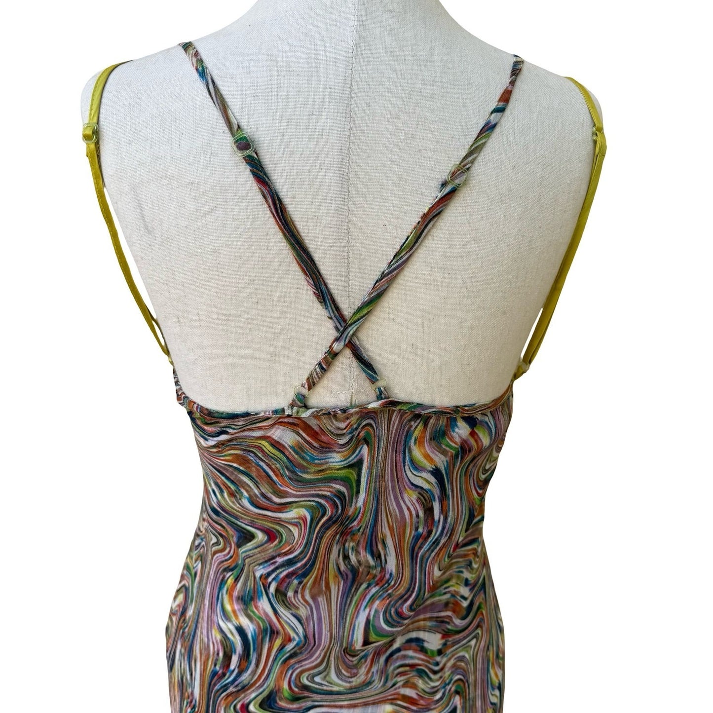 BGN First Y2K Silk Psychedelic Swirl Fairycore Asymmetrical Midi Dress Rainbow 6