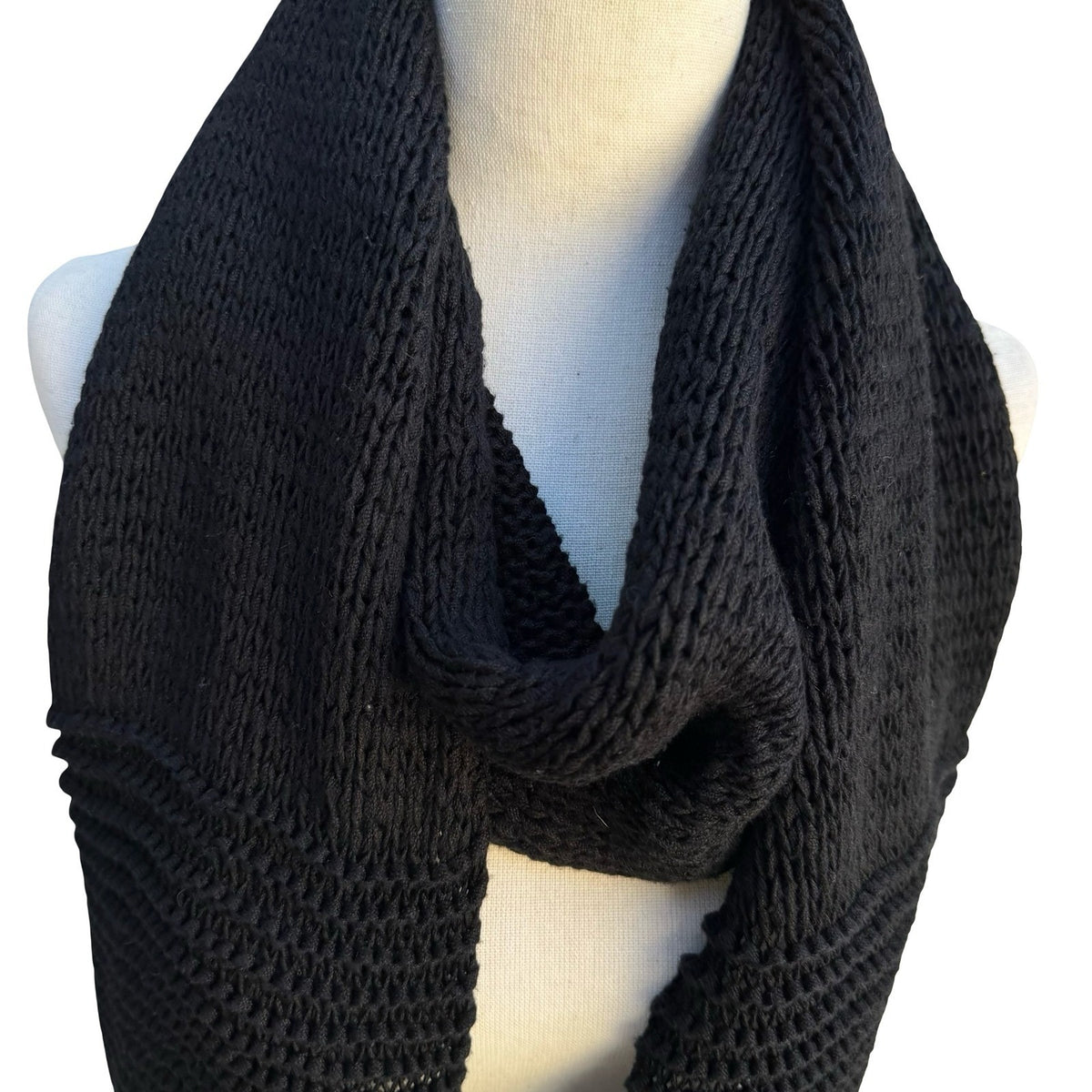 Filippa Silk Cotton Blend Open Knit Boho Minimalist Goth Tassel Scarf Black OS