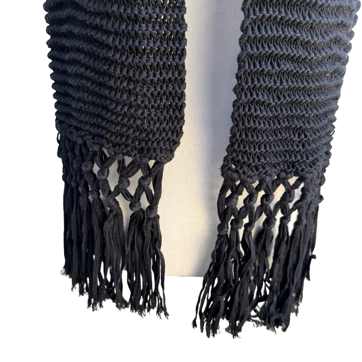 Filippa Silk Cotton Blend Open Knit Boho Minimalist Goth Tassel Scarf Black OS