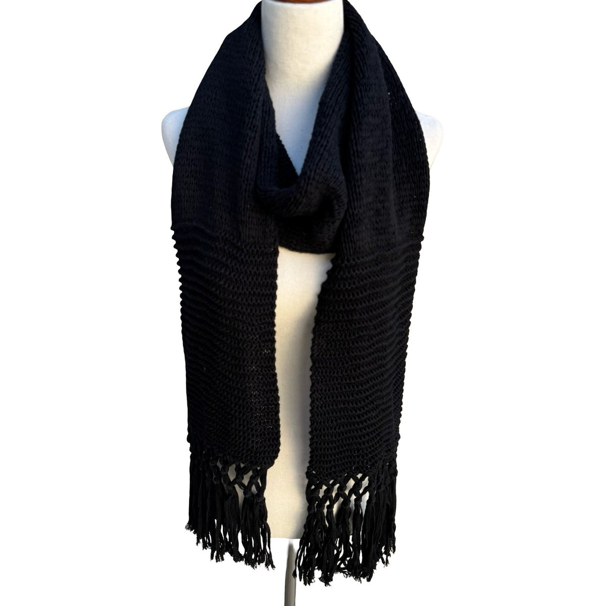 Filippa Silk Cotton Blend Open Knit Boho Minimalist Goth Tassel Scarf Black OS