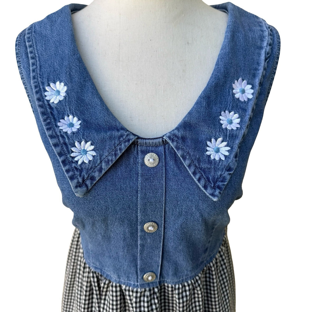 Faded Glory Vintage 90s Cottagecore Denim Gingham Floral Embroidered Midi Dress