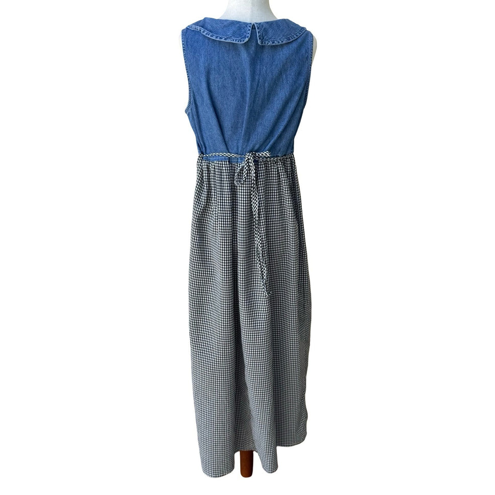 Faded Glory Vintage 90s Cottagecore Denim Gingham Floral Embroidered Midi Dress