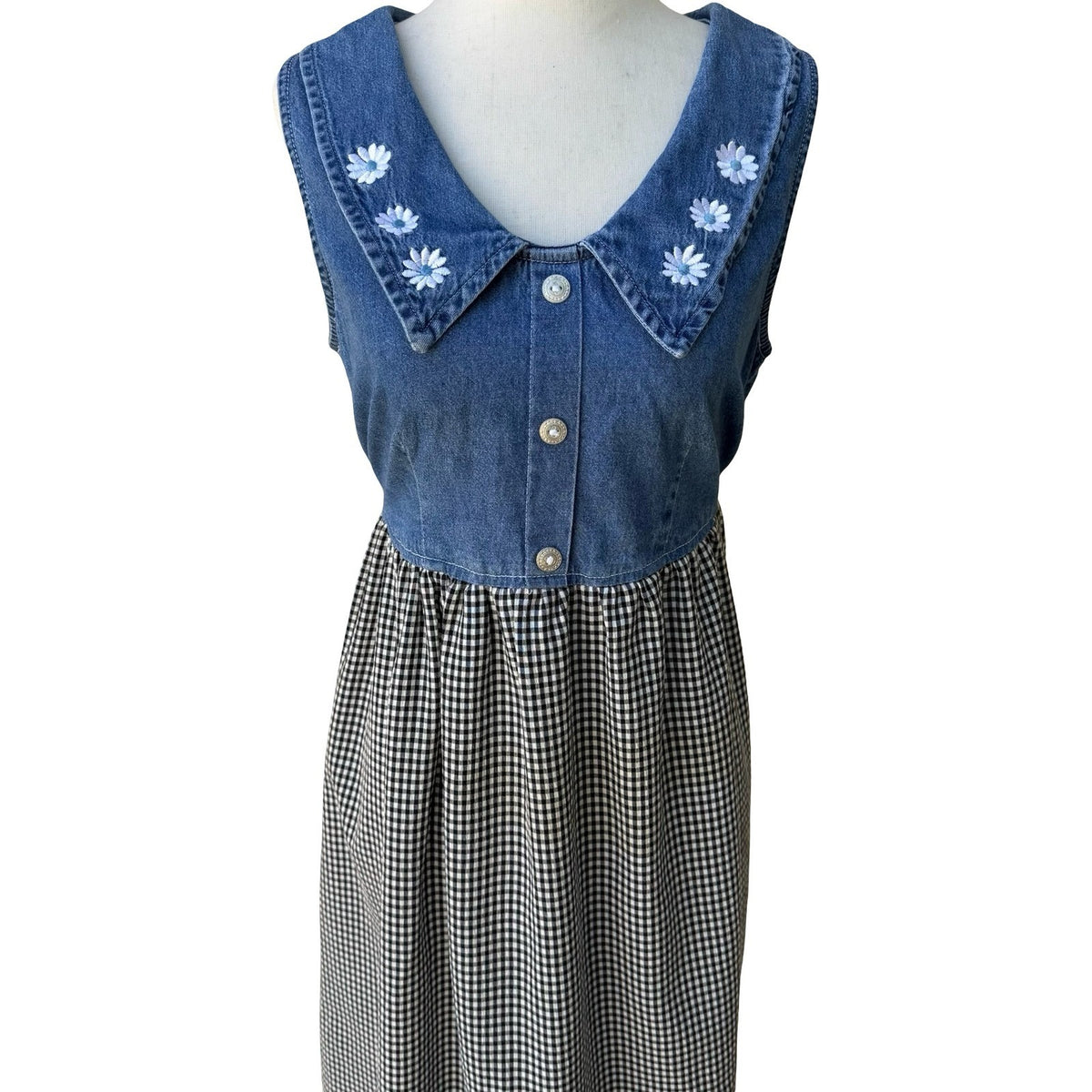 Faded Glory Vintage 90s Cottagecore Denim Gingham Floral Embroidered Midi Dress