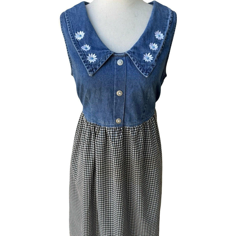 Faded Glory Vintage 90s Cottagecore Denim Gingham Floral Embroidered Midi Dress
