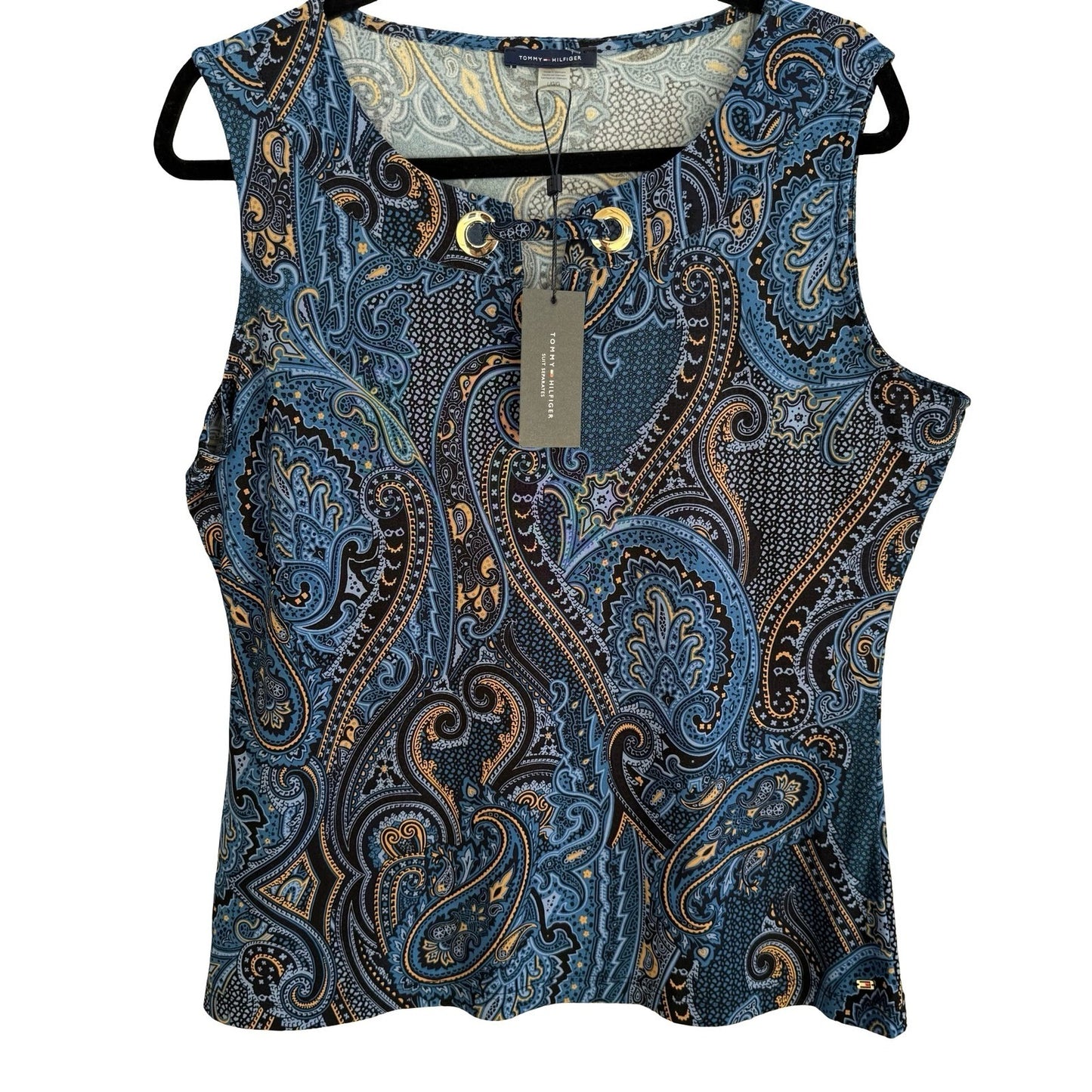 Tommy Hilfiger Boho Paisley Sleeveless Shell Top Gold Grommet Keyhole Blue L NEW