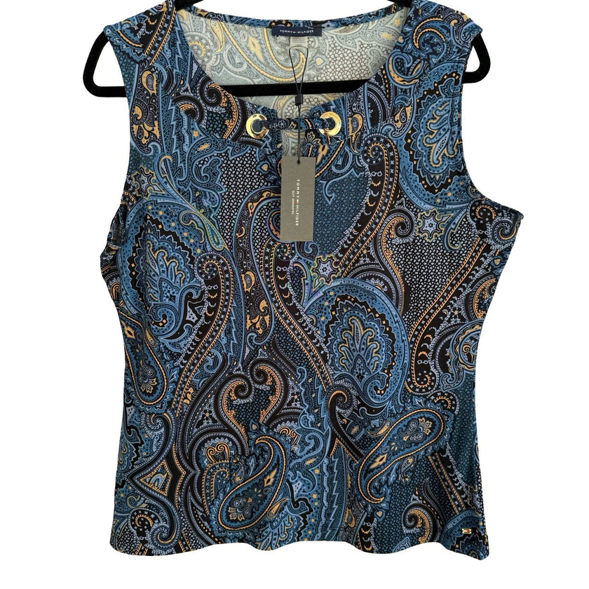 Tommy Hilfiger Boho Paisley Sleeveless Shell Top Gold Grommet Keyhole Blue L NEW