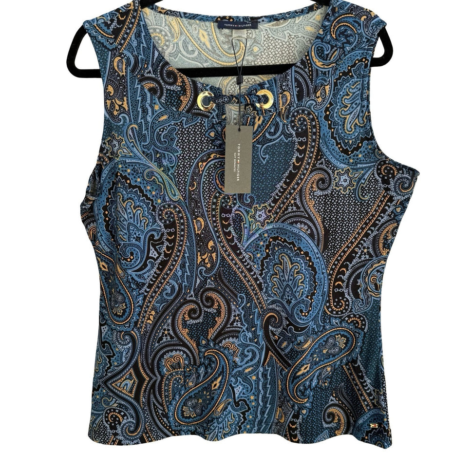 Tommy Hilfiger Boho Paisley Sleeveless Shell Top Gold Grommet Keyhole Blue L NEW