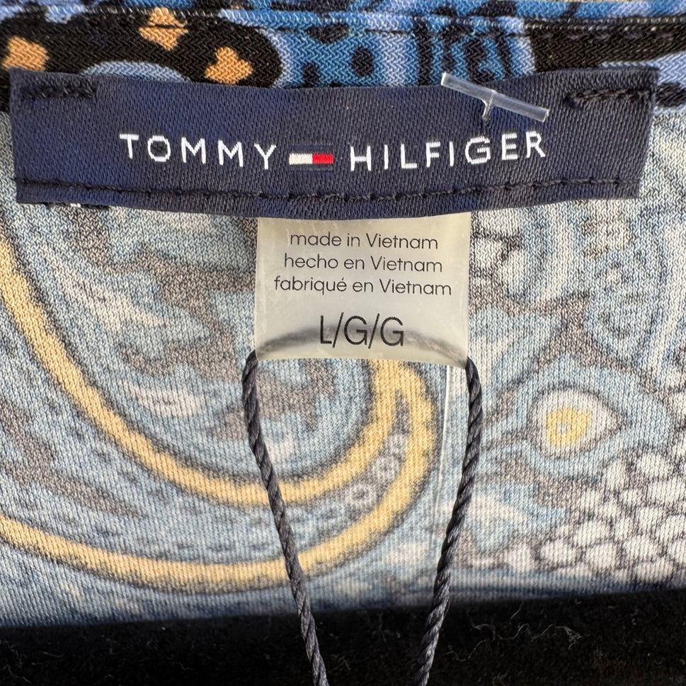 Tommy Hilfiger Boho Paisley Sleeveless Shell Top Gold Grommet Keyhole Blue L NEW