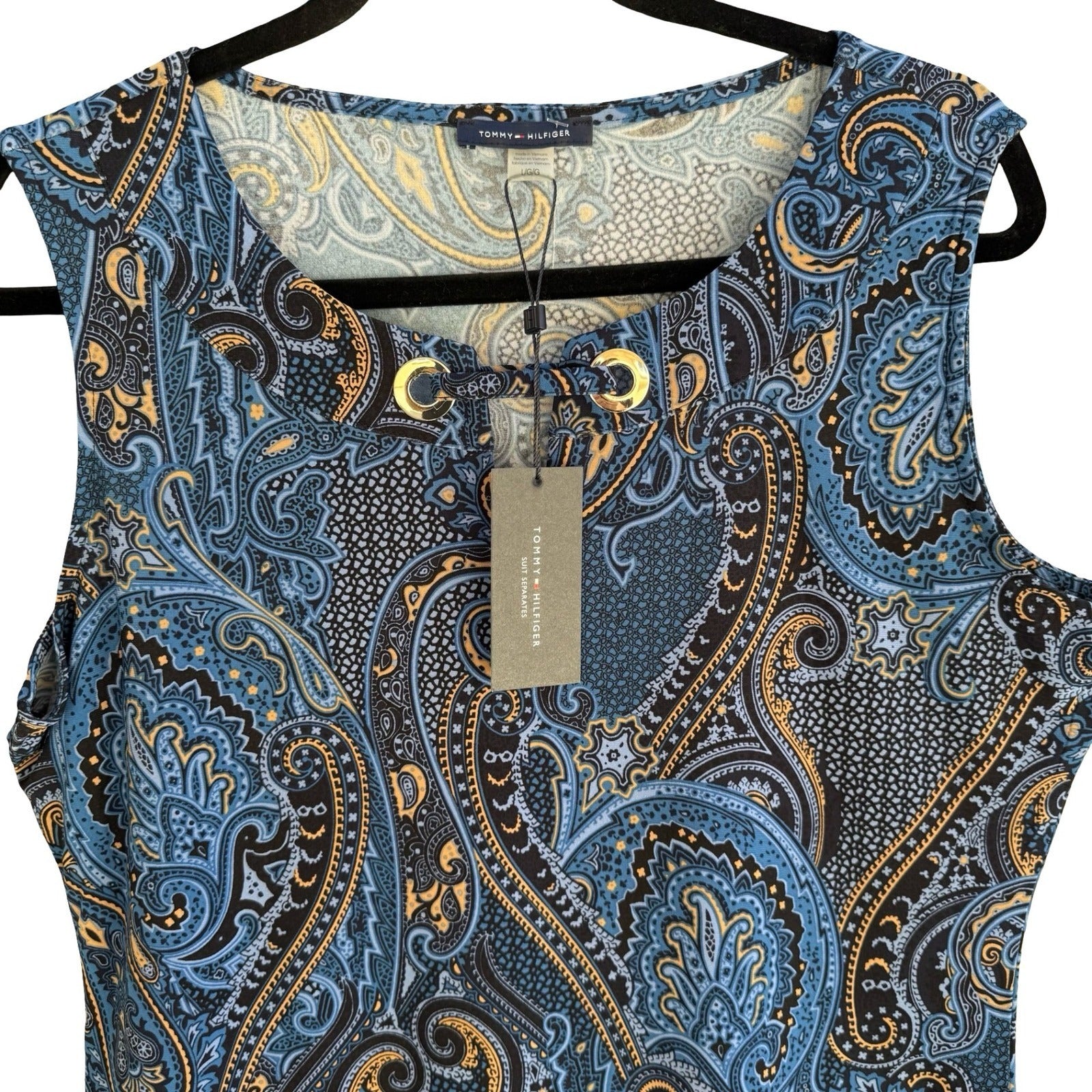 Tommy Hilfiger Boho Paisley Sleeveless Shell Top Gold Grommet Keyhole Blue L NEW