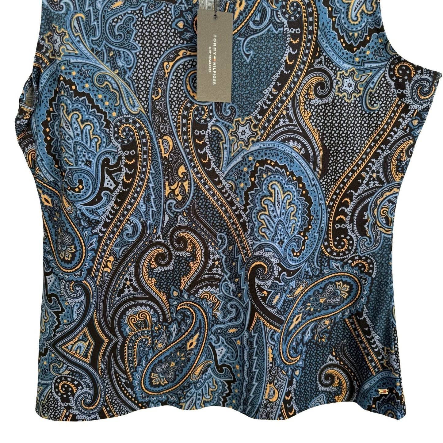 Tommy Hilfiger Boho Paisley Sleeveless Shell Top Gold Grommet Keyhole Blue L NEW