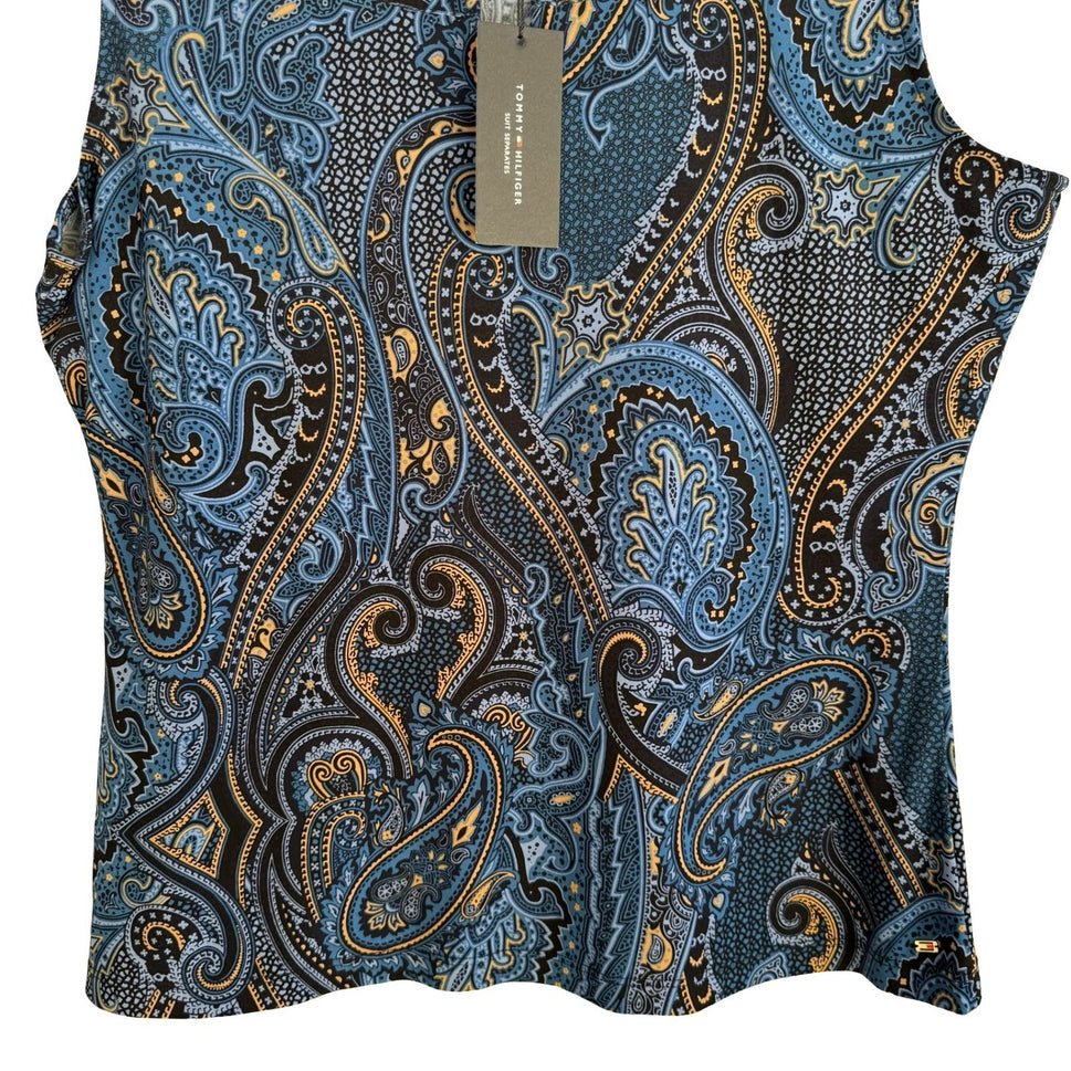 Tommy Hilfiger Boho Paisley Sleeveless Shell Top Gold Grommet Keyhole Blue L NEW