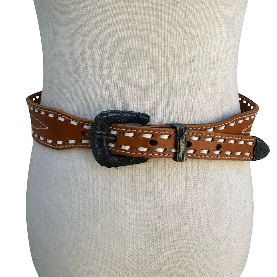 Gilles Herve Paris Tan Leather Whipstitch Western Belt Made in France Size 80