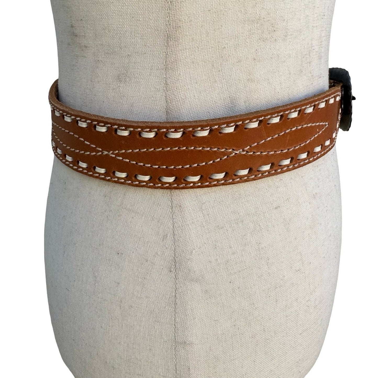Gilles Herve Paris Tan Leather Whipstitch Western Belt Made in France Size 80