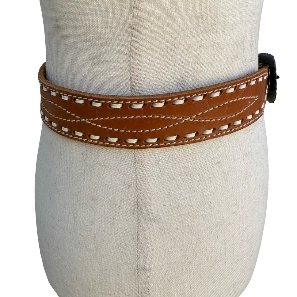 Gilles Herve Paris Tan Leather Whipstitch Western Belt Made in France Size 80