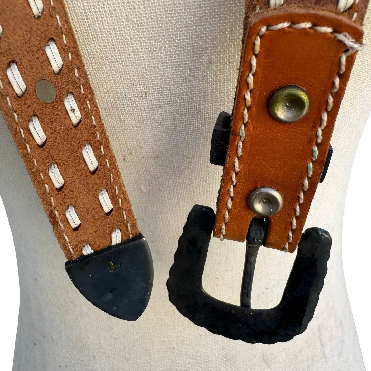 Gilles Herve Paris Tan Leather Whipstitch Western Belt Made in France Size 80