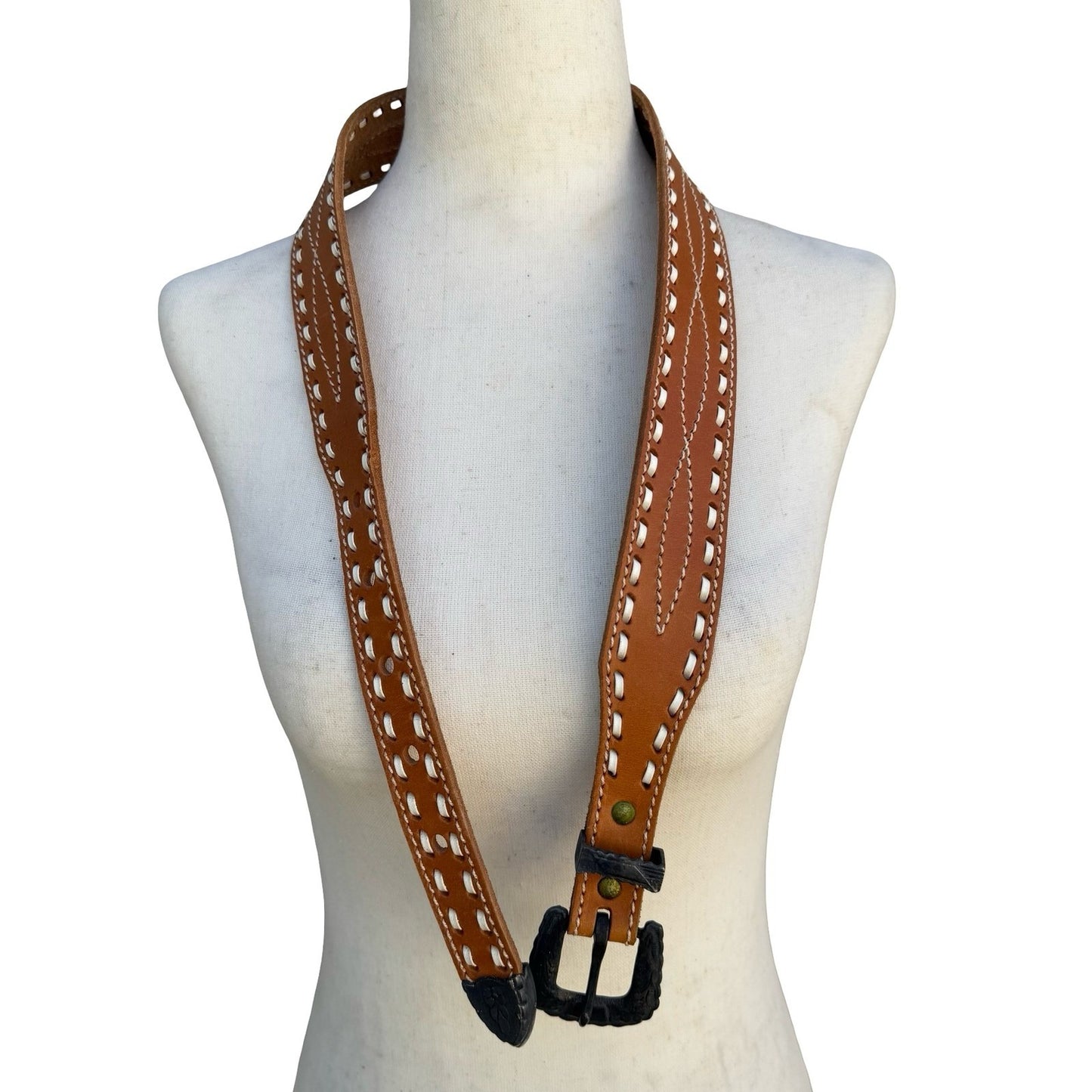 Gilles Herve Paris Tan Leather Whipstitch Western Belt Made in France Size 80