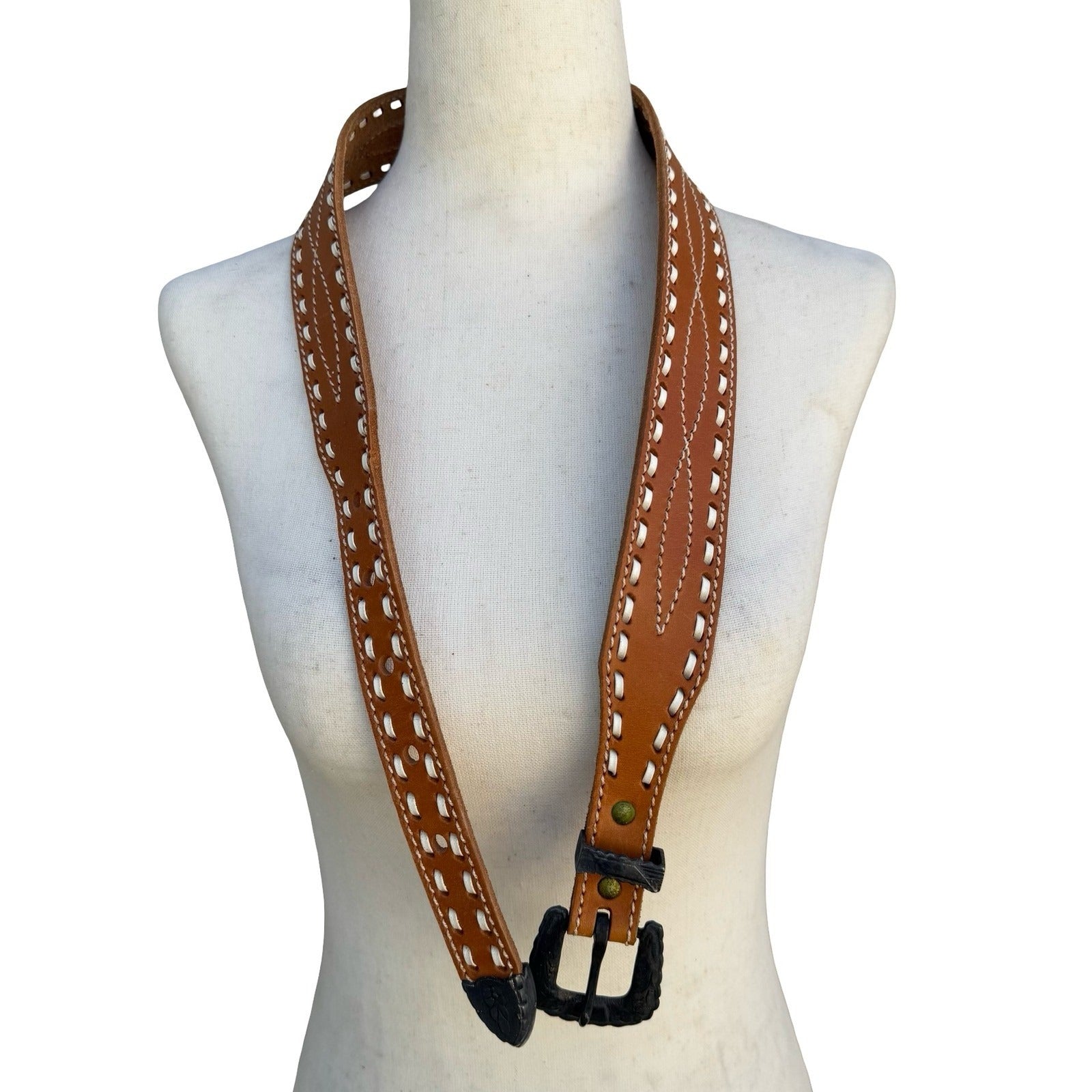 Gilles Herve Paris Tan Leather Whipstitch Western Belt Made in France Size 80