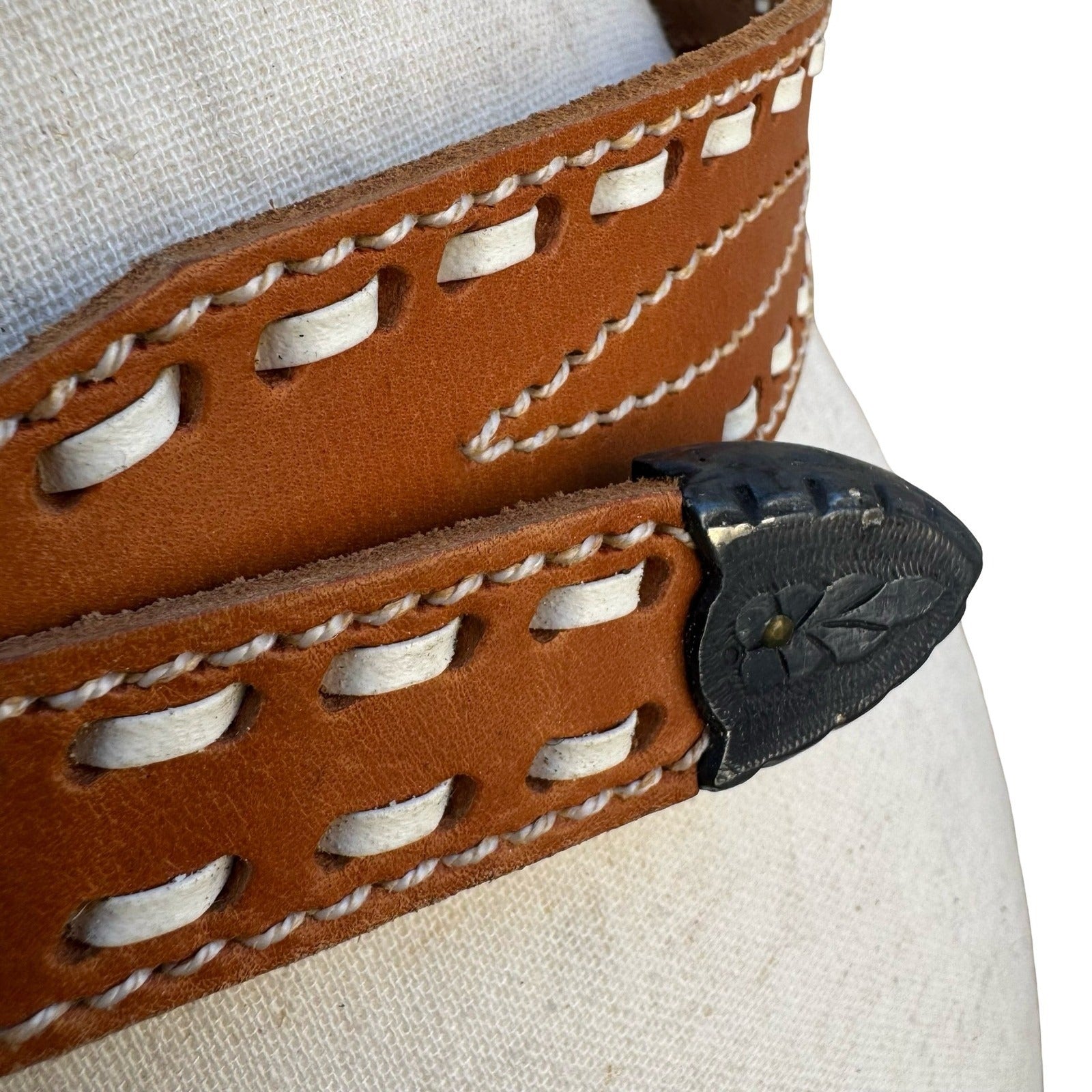 Gilles Herve Paris Tan Leather Whipstitch Western Belt Made in France Size 80