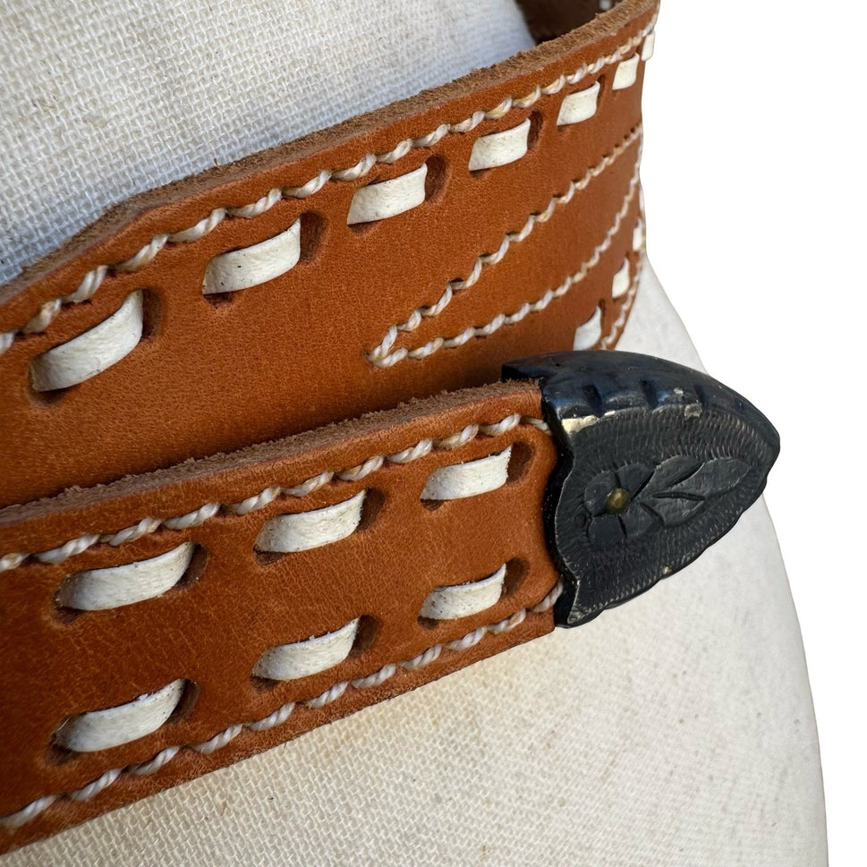 Gilles Herve Paris Tan Leather Whipstitch Western Belt Made in France Size 80