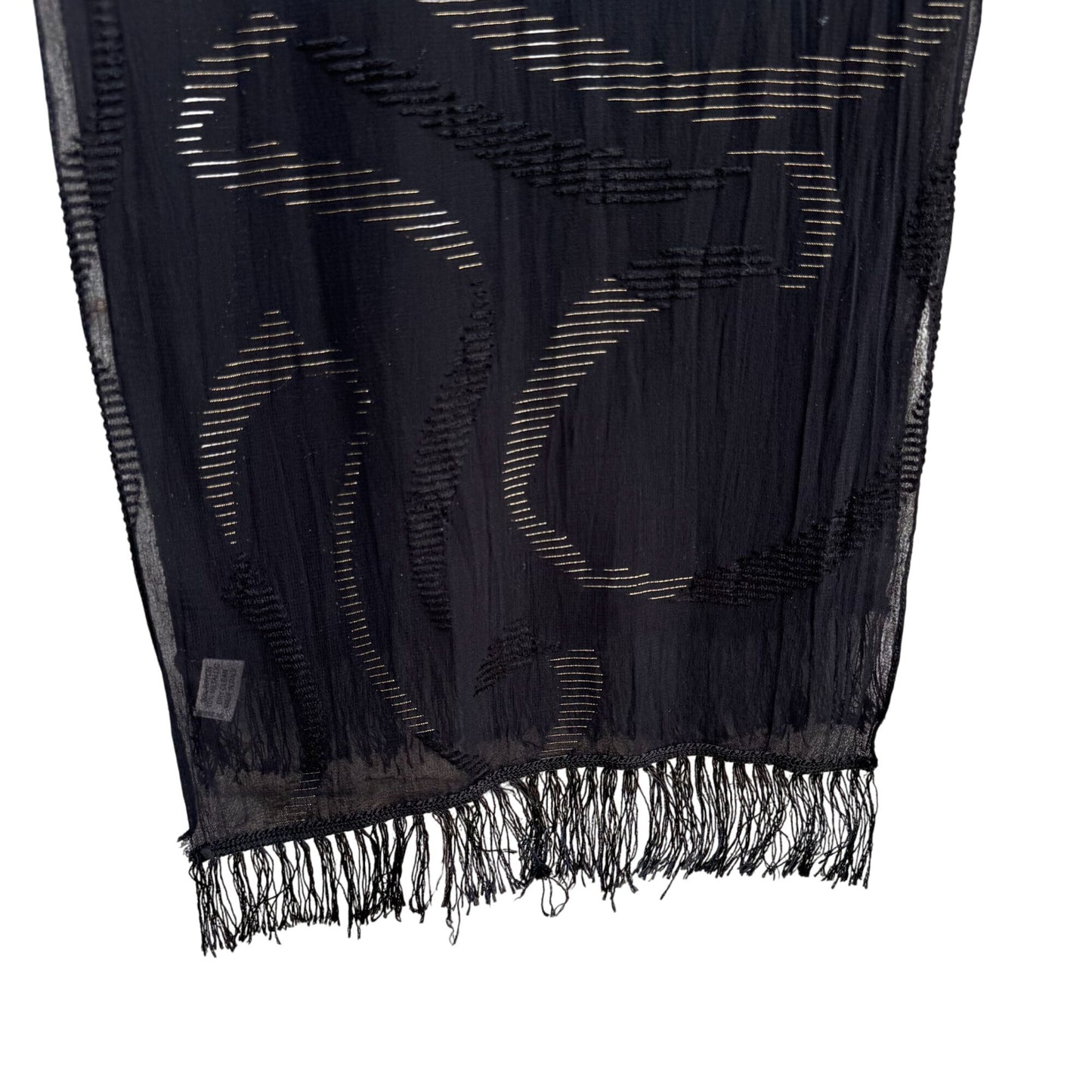Anne Klein For Vera Vintage Black Sheer Metallic Fringe Italian Made Scarf Wrap