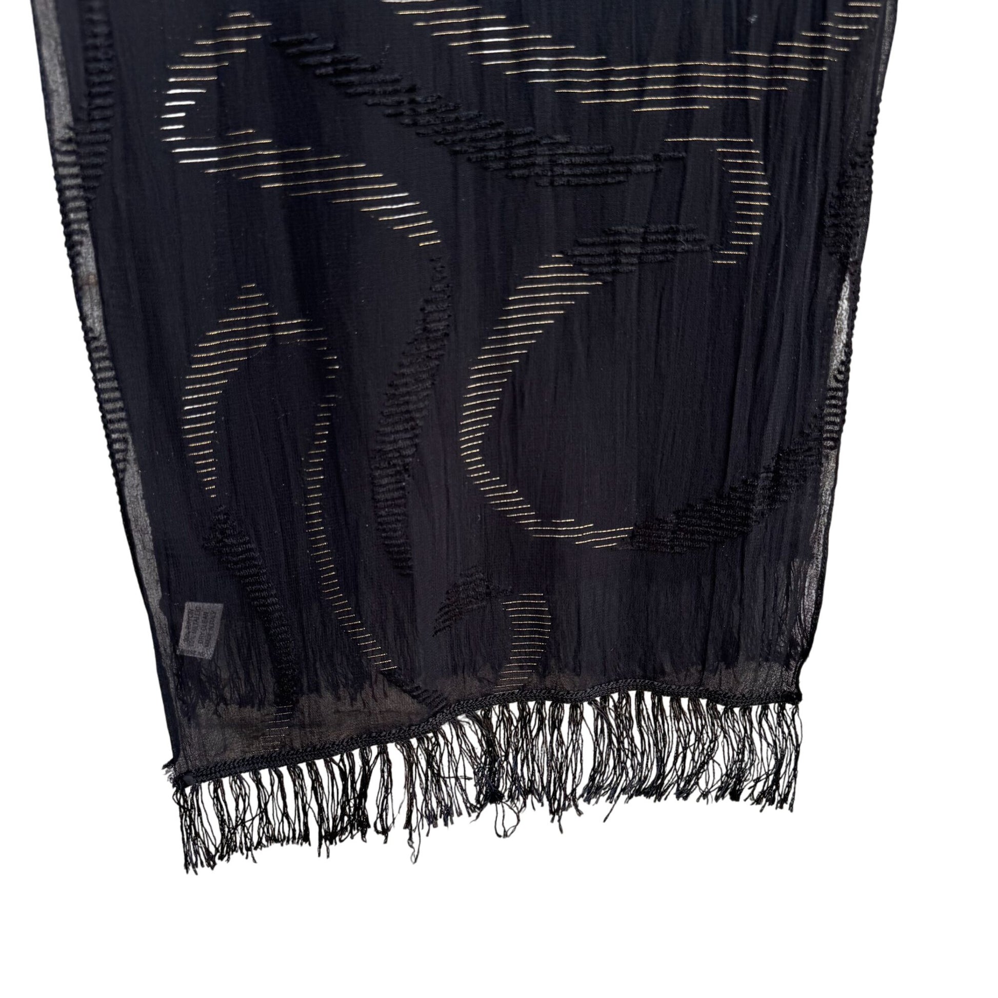 Anne Klein For Vera Vintage Black Sheer Metallic Fringe Italian Made Scarf Wrap