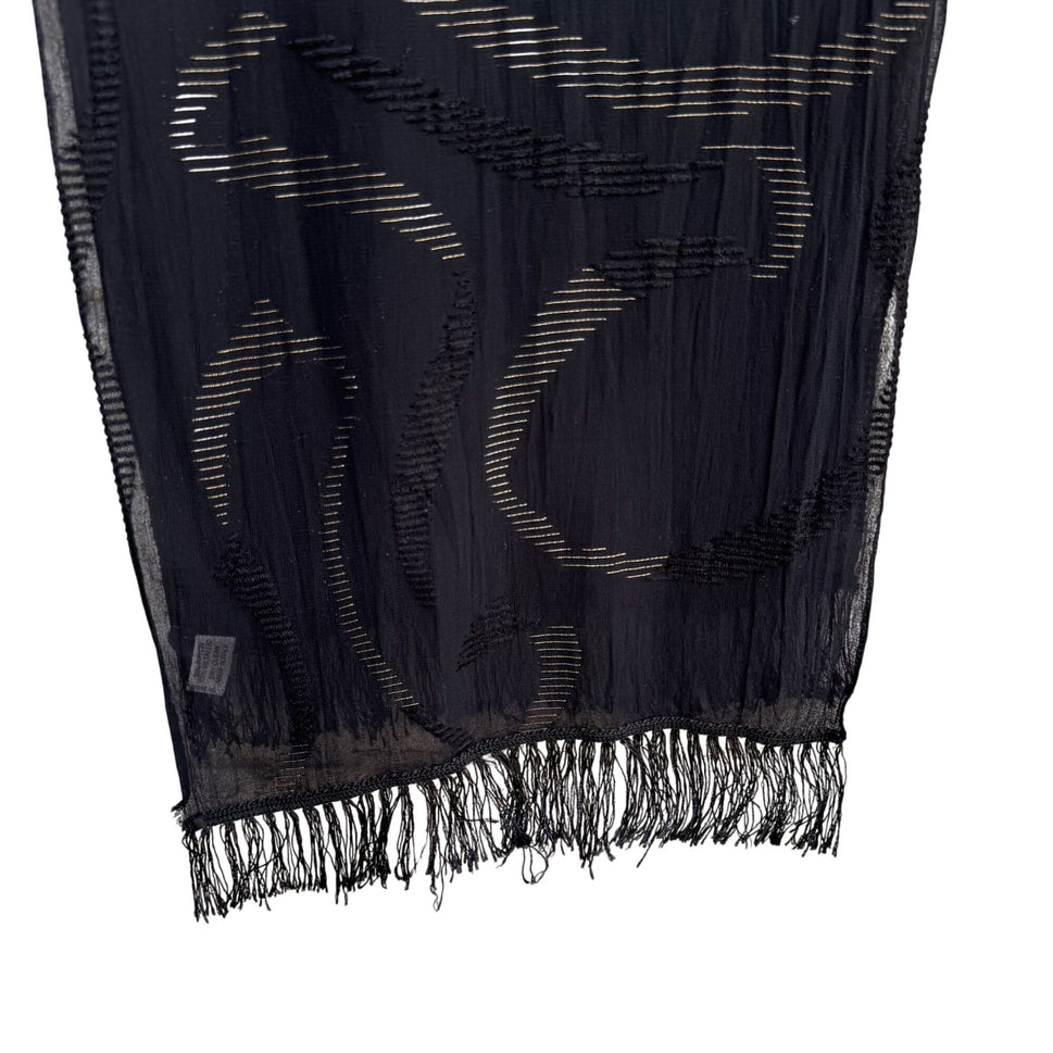 Anne Klein For Vera Vintage Black Sheer Metallic Fringe Italian Made Scarf Wrap