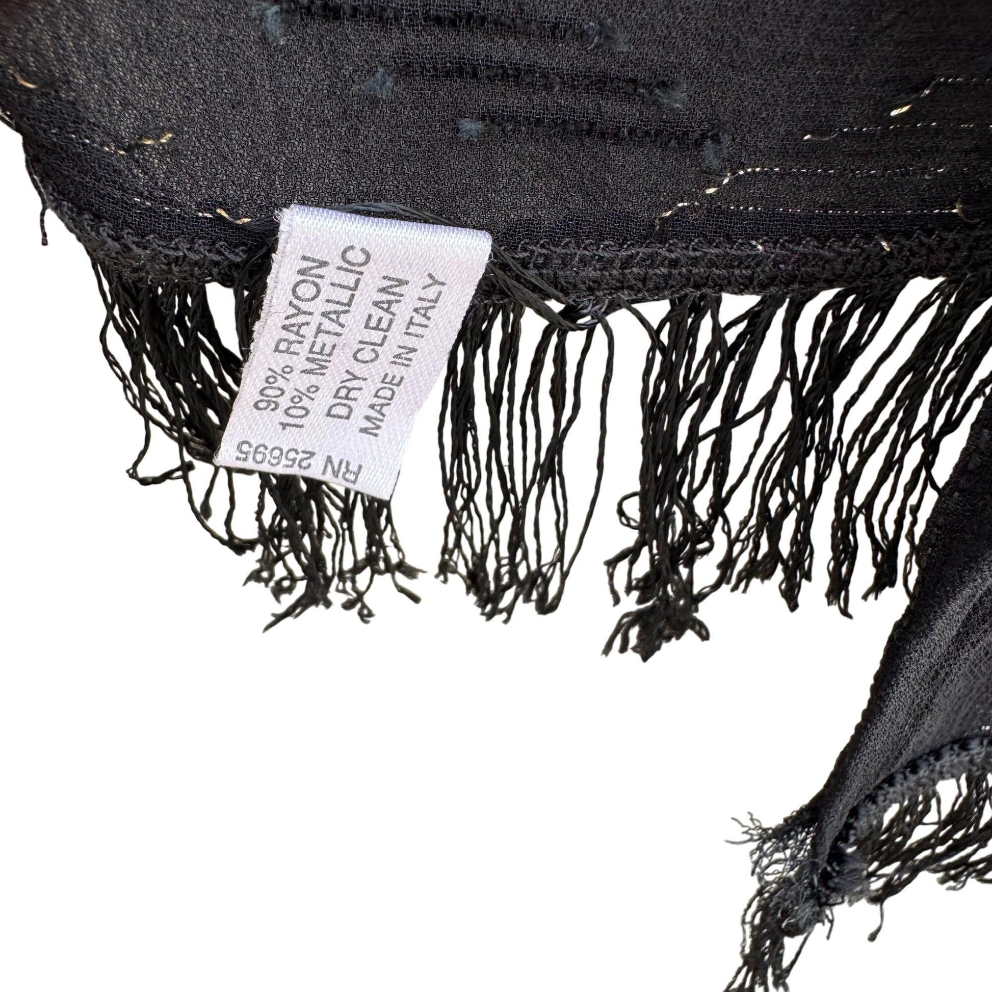 Anne Klein For Vera Vintage Black Sheer Metallic Fringe Italian Made Scarf Wrap