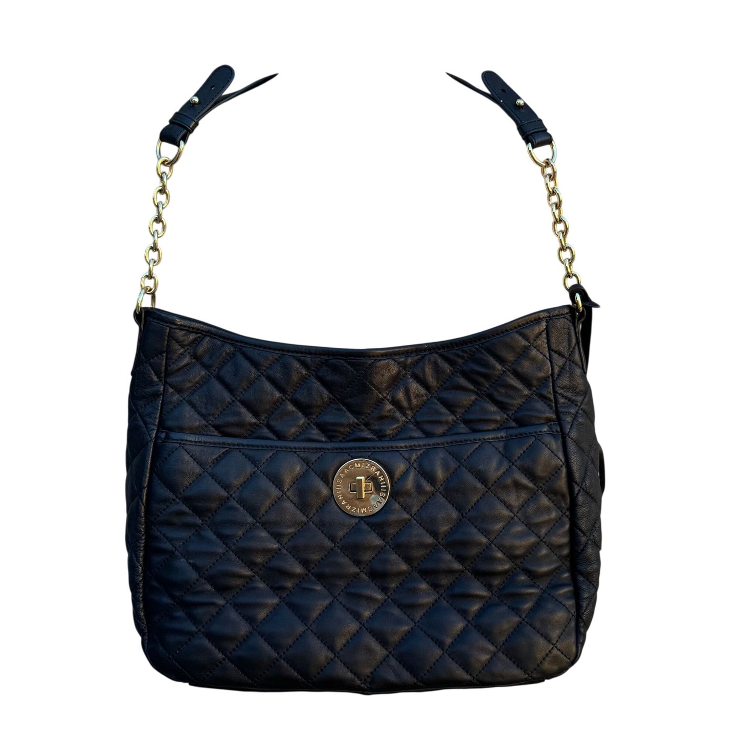 Isaac Mizrahi Quilted Black Leather Shoulder Bag Gold Chain Strap Logo Turn Lock