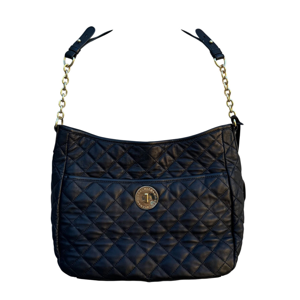 Isaac Mizrahi Quilted Black Leather Shoulder Bag Gold Chain Strap Logo Turn Lock